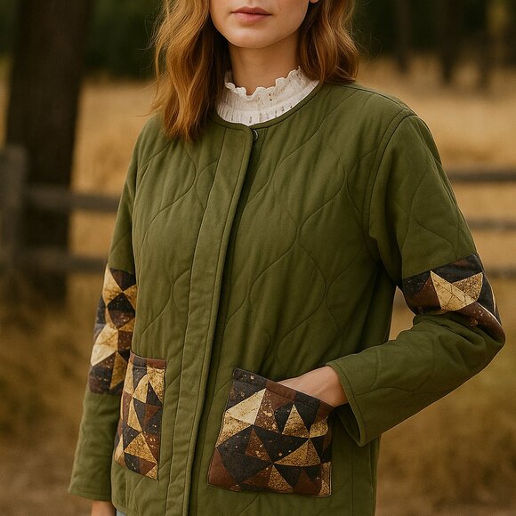 treasure & bondpatchwork quilted cotton blend jacket - olive- grey multi patch